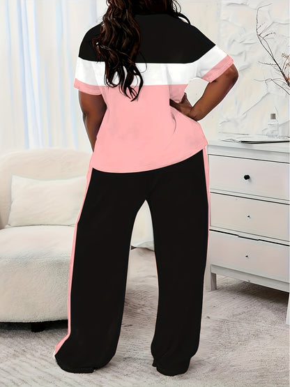 Plus Size, Ladies' Casual Short-sleeved Trousers Suit, Striped Print Letter Blessing, Loose Trousers with Pockets