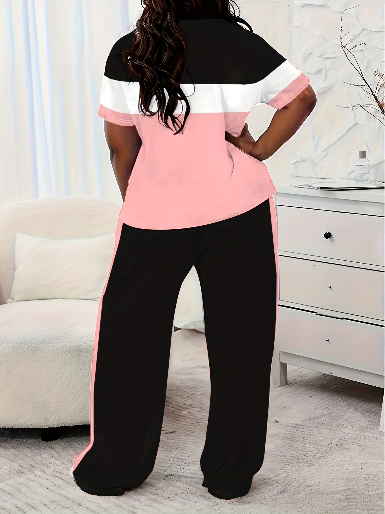Plus Size, Ladies' Casual Short-sleeved Trousers Suit, Striped Print Letter Blessing, Loose Trousers with Pockets