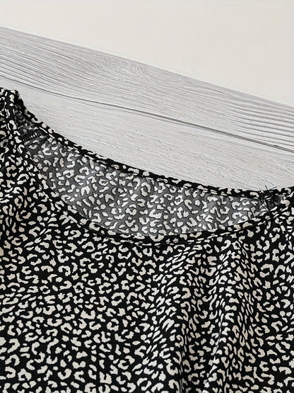 Plus Size Women's Boho Leopard Print Ruffle Sleeve Blouse - Asymmetrical Summer Top with Round Neck, Machine Washable Casual Vacation Shirt for Beach Outings & Warm Weather, Relaxed Setting Apparel, Nontransparent Fabric