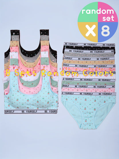 8 Set Bra Panties Set Comfy Breathable Underwear Set, Cute Heart Letter Print Training Set for 10-16, for Teenager, For Teenager