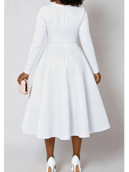 Plus Size - Plus Size Women'S Solid Color Round Neck Long Sleeve Back Pleated Flared Dress Autumn And Winter Elegant Long Dress