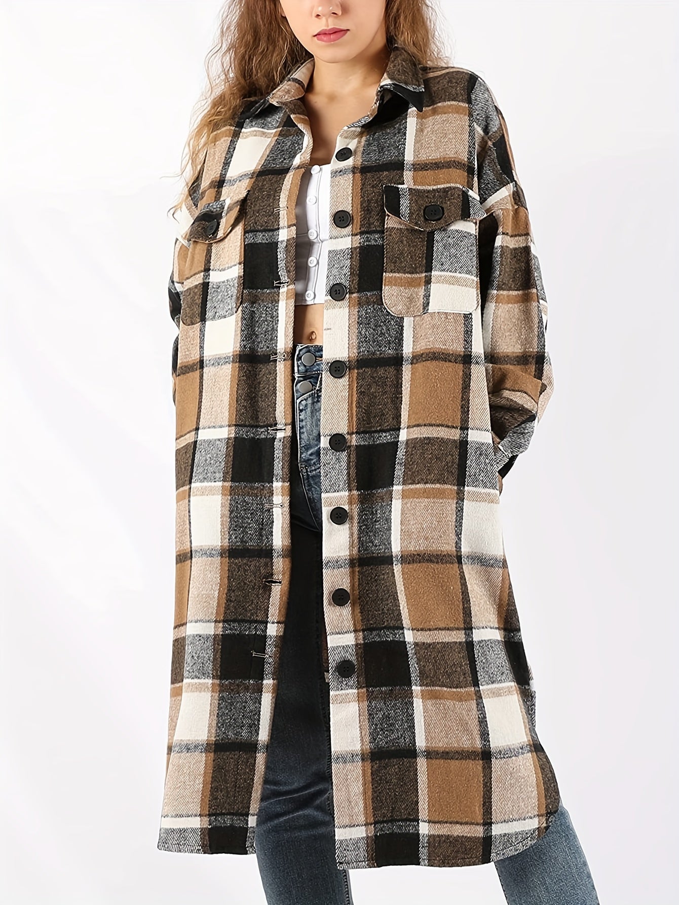 Womens Casual Plaid Button Long Puff Sleeve Long Trench Coats Shackets