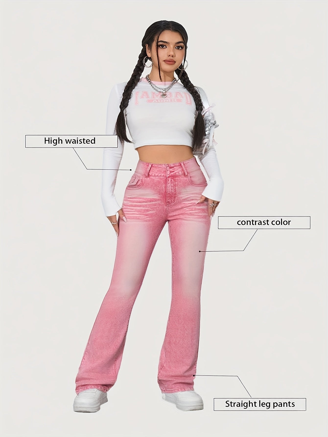 Plus Size for Women | Cute Pink Jeans | Y2K Fashionable | Slim-Fitting Style | with Pocket | Comfortable Jeans | Elastic Denim
