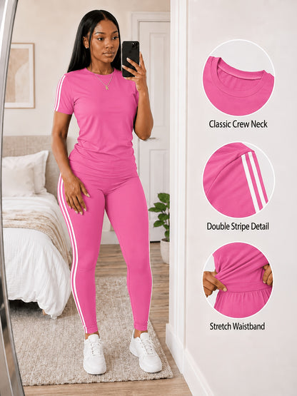 Women's Two-piece Casual swear Striped Edge Short Sleeved Round Neck Pullover, Slim Fit Striped Edge Pants Set, s Suit