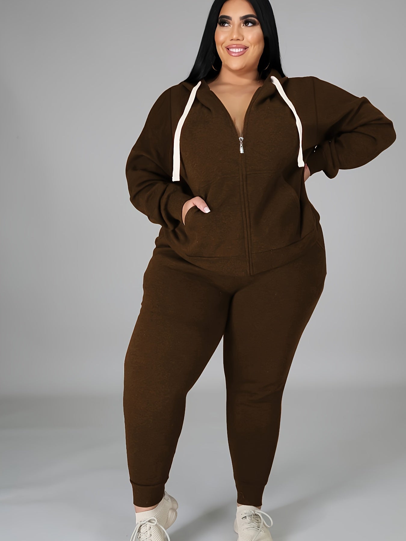 Women's Plus Size Tracksuit Set - Long Sleeve Hooded Loungewear and Sweatsuit Sets with Pockets, Polyester and Elastane