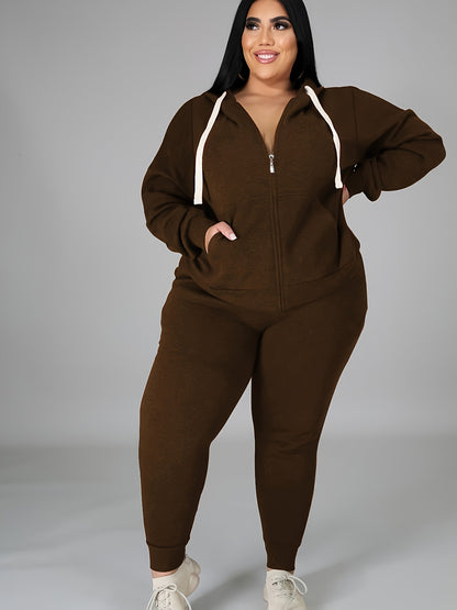 Women's Plus Size Tracksuit Set - Long Sleeve Hooded Loungewear and Sweatsuit Sets with Pockets, Polyester and Elastane