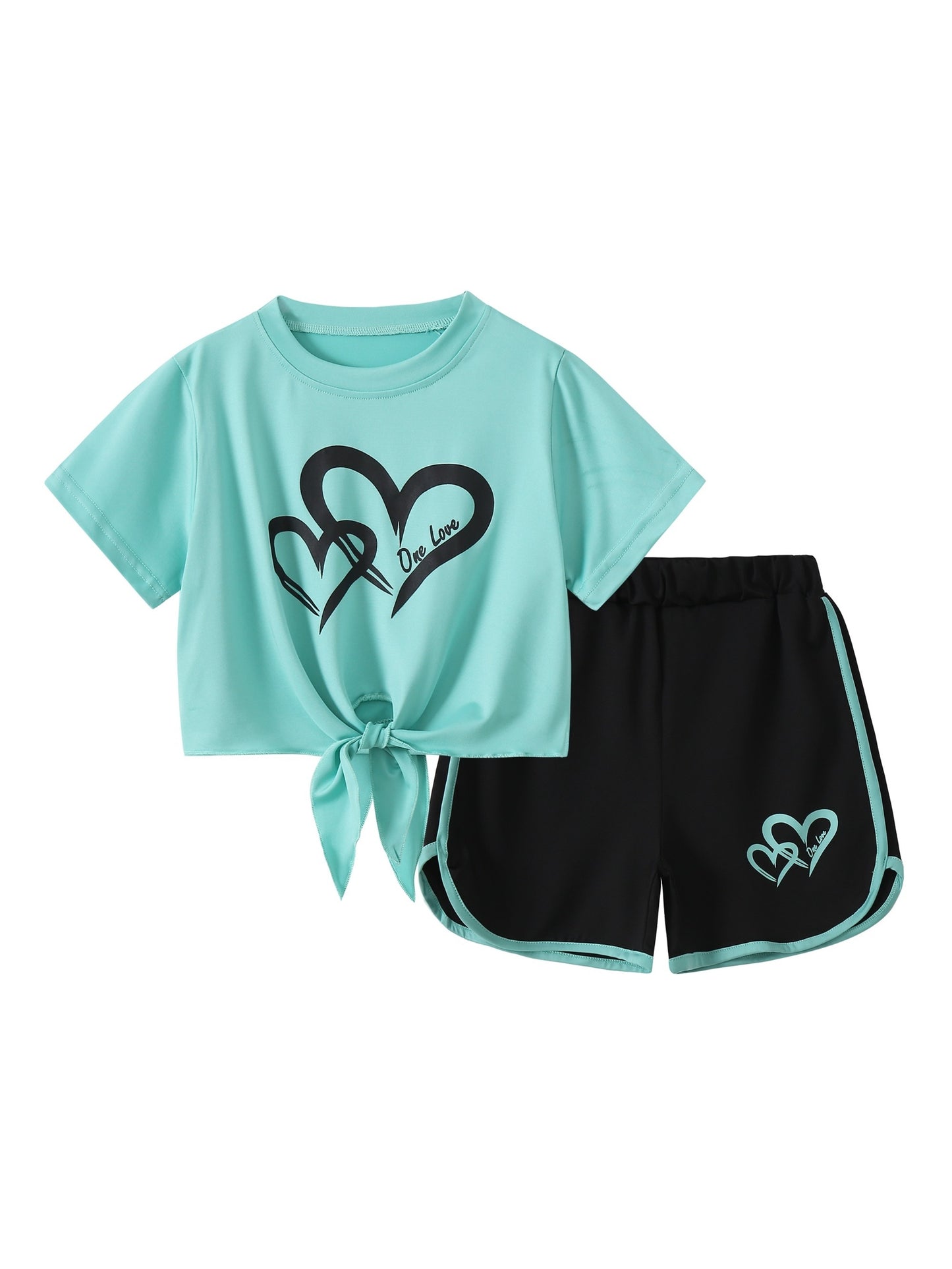 6pcs, Girls Love Print Camouflage Design Short Sleeve Athletic Shorts Summer Suit, for Outdoor