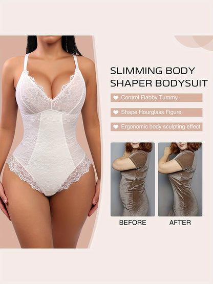 Sleeveless V-Neck Lace Bodysuit for Women, Tummy Control Shapewear Jumpsuit