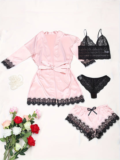 Women's Sleepwear, Home Clothes, Bathrobe 5pcs Set, Multi-color, No Pattern, Sexy, Solid Color, Contrasting Lace, No Lining, Belt, Adult Style, Comfortable and Breathable Fabric, Essential for Lovers to Save Money