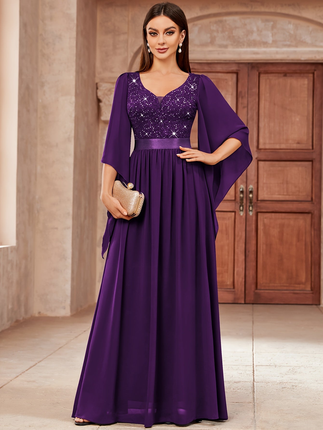 53303 Elegant Women's Lace & Sequin Bridesmaid Dress - A-Line Maxi Wedding Gown with 3/4 Bell Sleeves, V-Neck Color-Block (Bodice &), Machine Washable Bridesmaids Gown for Weddings, Parties, Prom