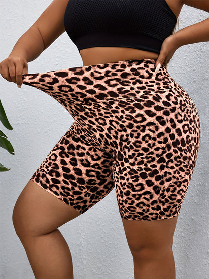 PLUS Size High Waist Leopard Print Sport Shorts With Side Pocket - Spring Summer New Arrivals