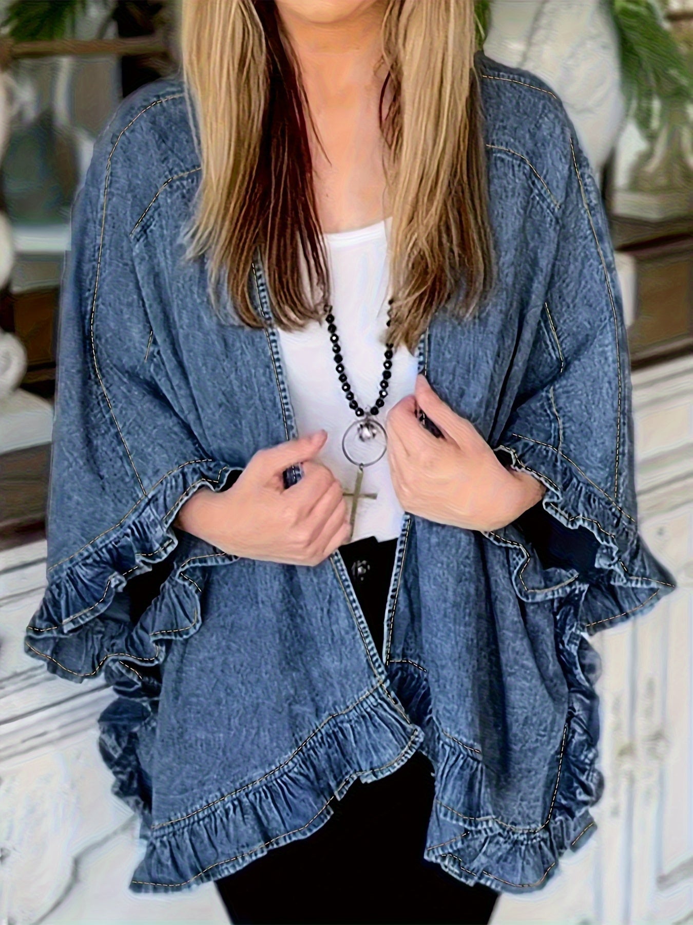 Women's Vintage Light Blue Jacket - Loose Fit Non-Stretch Denim-like Coat with Ruffle Shoulder & Flared Three-Quarter Sleeves, Viscose Fiber Blend Casual Chic Outerwear for Everyday Formal Outfits - Spring/Fall Essential, Denimlike Appearance