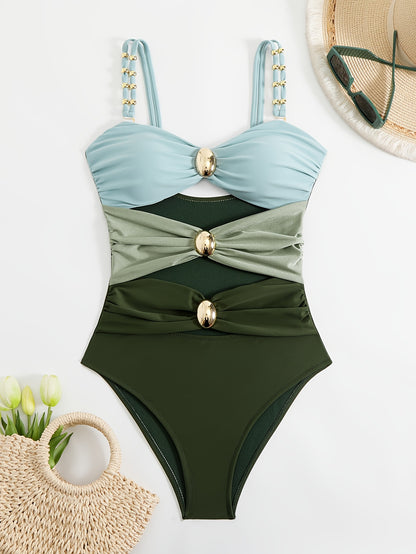 Women's Sexy Hollow One-piece Swimsuit Solid Color Splicing Metal Button Swimsuit