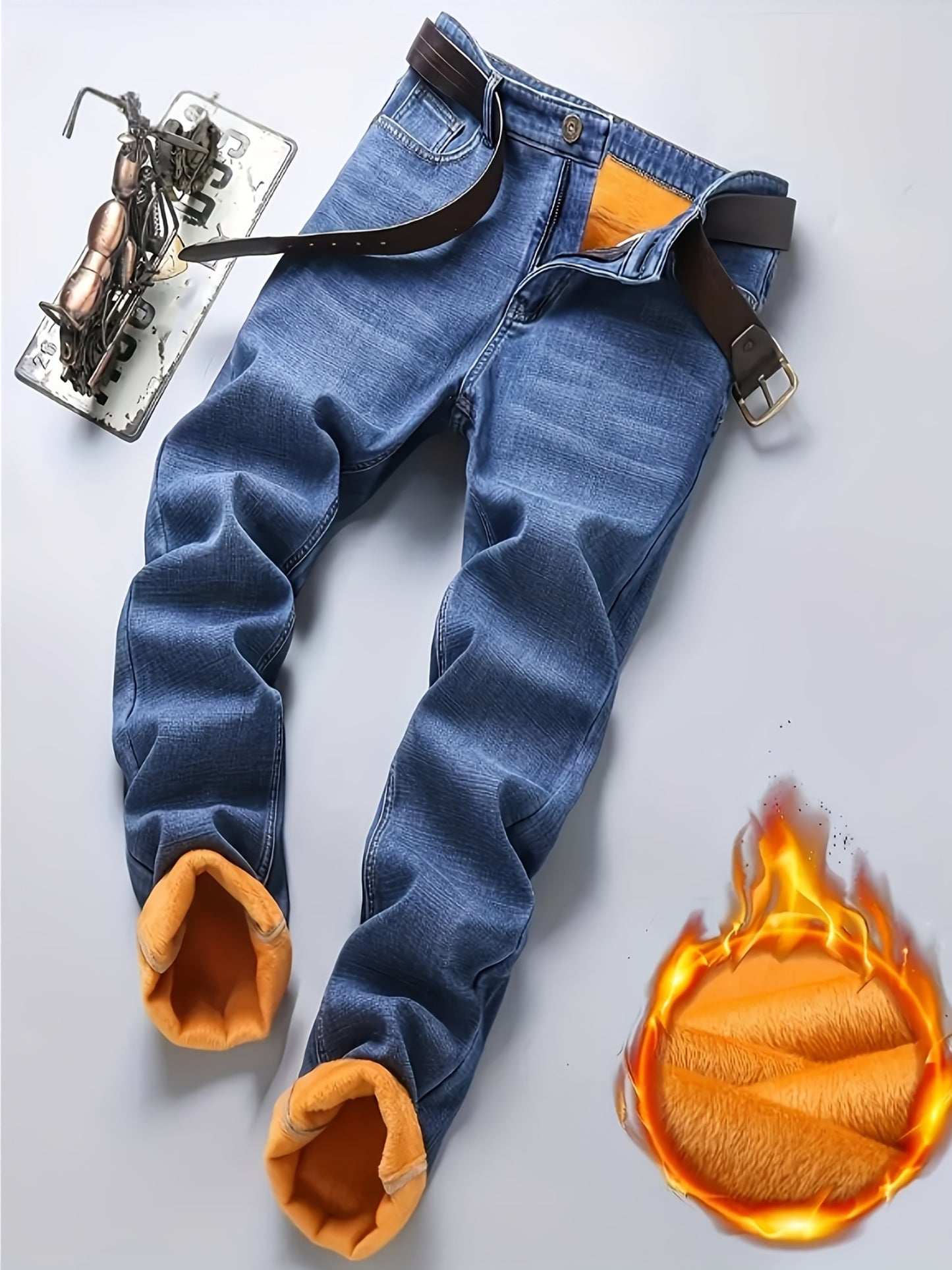 Composite Lining Lambskin Thickened Men'S Jeans, Winter Style, Strong Warmth Retention, Good Wind And Cold Resistance, Washable Classic Blue, Thickened Men'S Denim Long Pants for Autumn And Winter