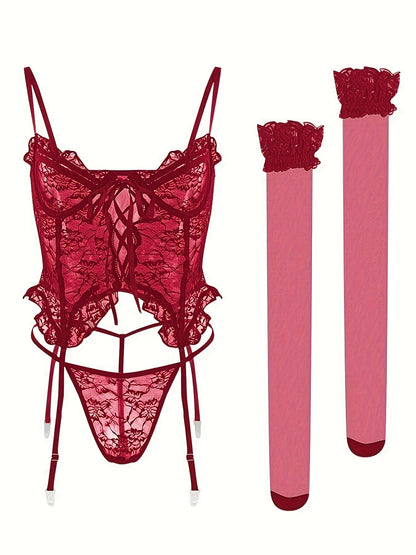 1Set/4pcs Women's Sexy Lingerie Set Floral Lace Garter Bustier Lingerie Set with 1Pair Stocking, Women's Lace Stockings Lingerie Bodysuits Nightwear for Romantic Date Wearing