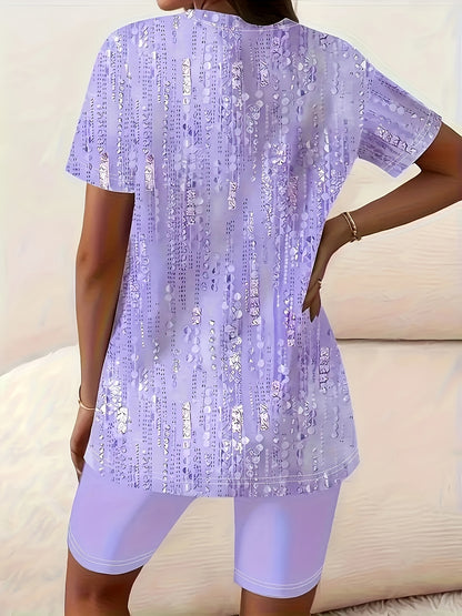 Plus Size - Plus Size - Casual Two-Piece Outfit for Plus-Size Women Featuring a Side-Slit T-Shirt And Fitted Shorts