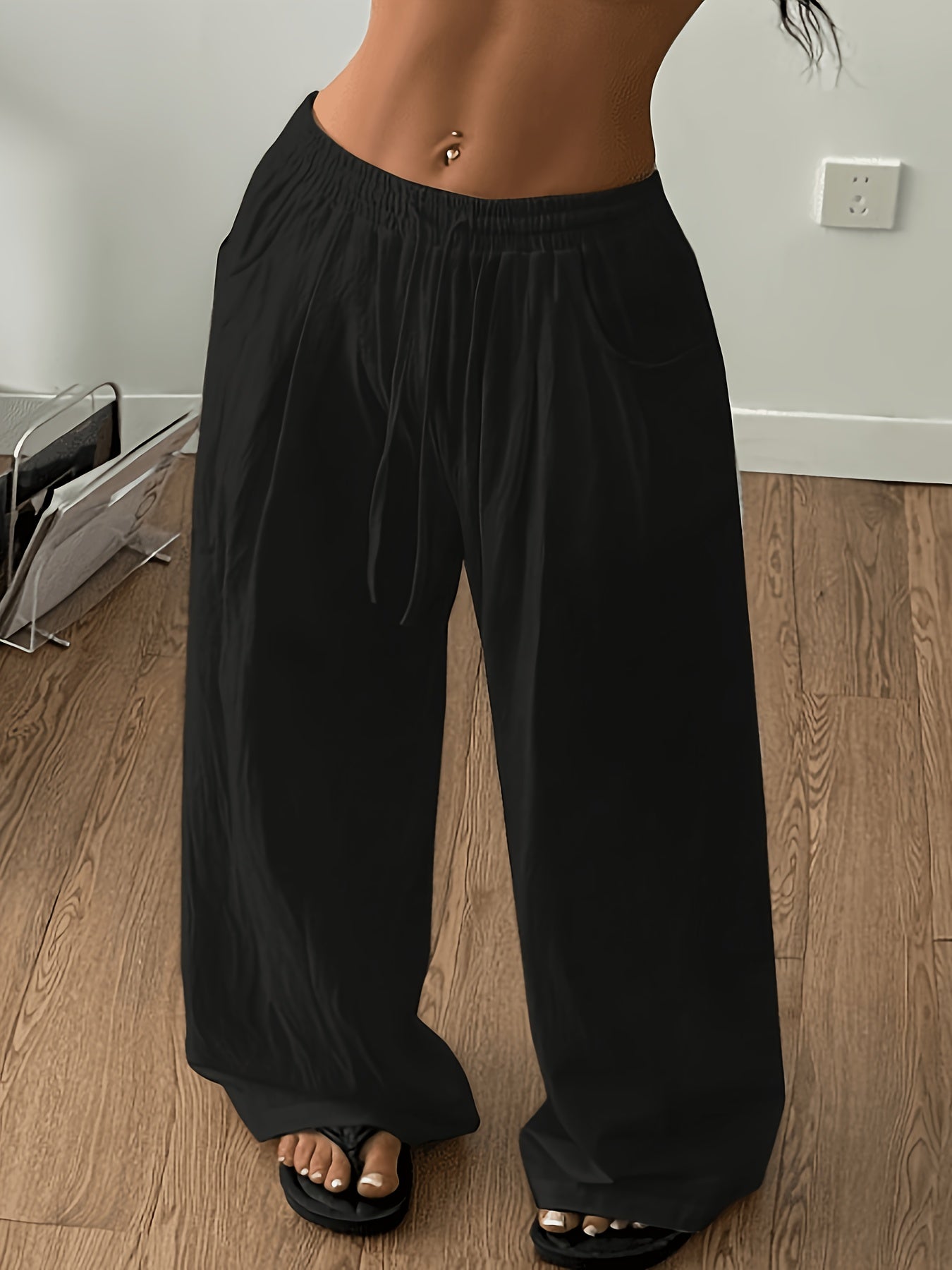 New Model Relaxed Style High Waist Casual Versatile Draping Drawstring Wide-Leg Pants for Women
