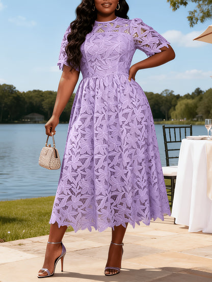 Plus Size - Plus Size - Plus Size Round Neck Lace Dress, Elegant Midi Length with Waist Definition, Formal Banquet And Evening Gown