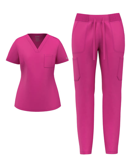 Women's Scrub Pants Set, Elastic Breathable Polyester Spandex Blend, V-Neck Short Sleeve with Pocket, Solid Color, for Work