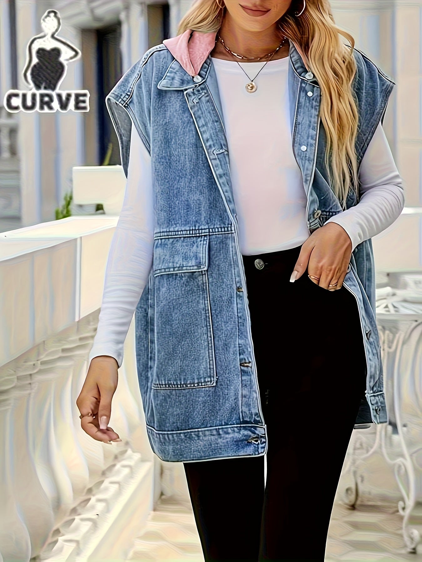 Large Loose Casual Denim Jacket with Hooded Vest, Detachable Hat