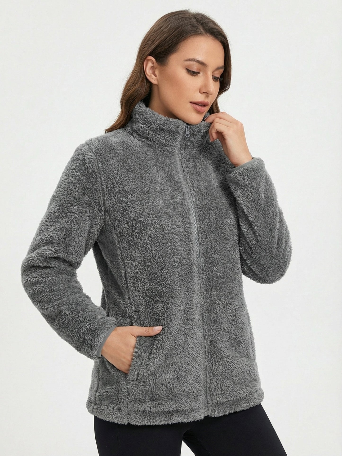 Cationic Fabric Glossy Coat Women's Autumn/winter Cardigan High-end Niche Zip-up Outerwear