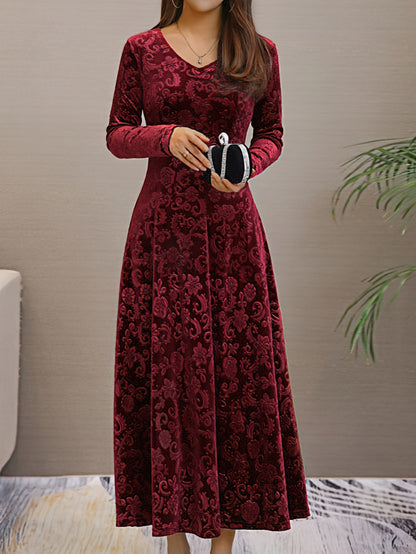 Autumn Women's Velvet Embossed Long Sleeve Dress, Bodycon V-Neck Midi Flared Elegant Evening Party Wedding Guest Gown