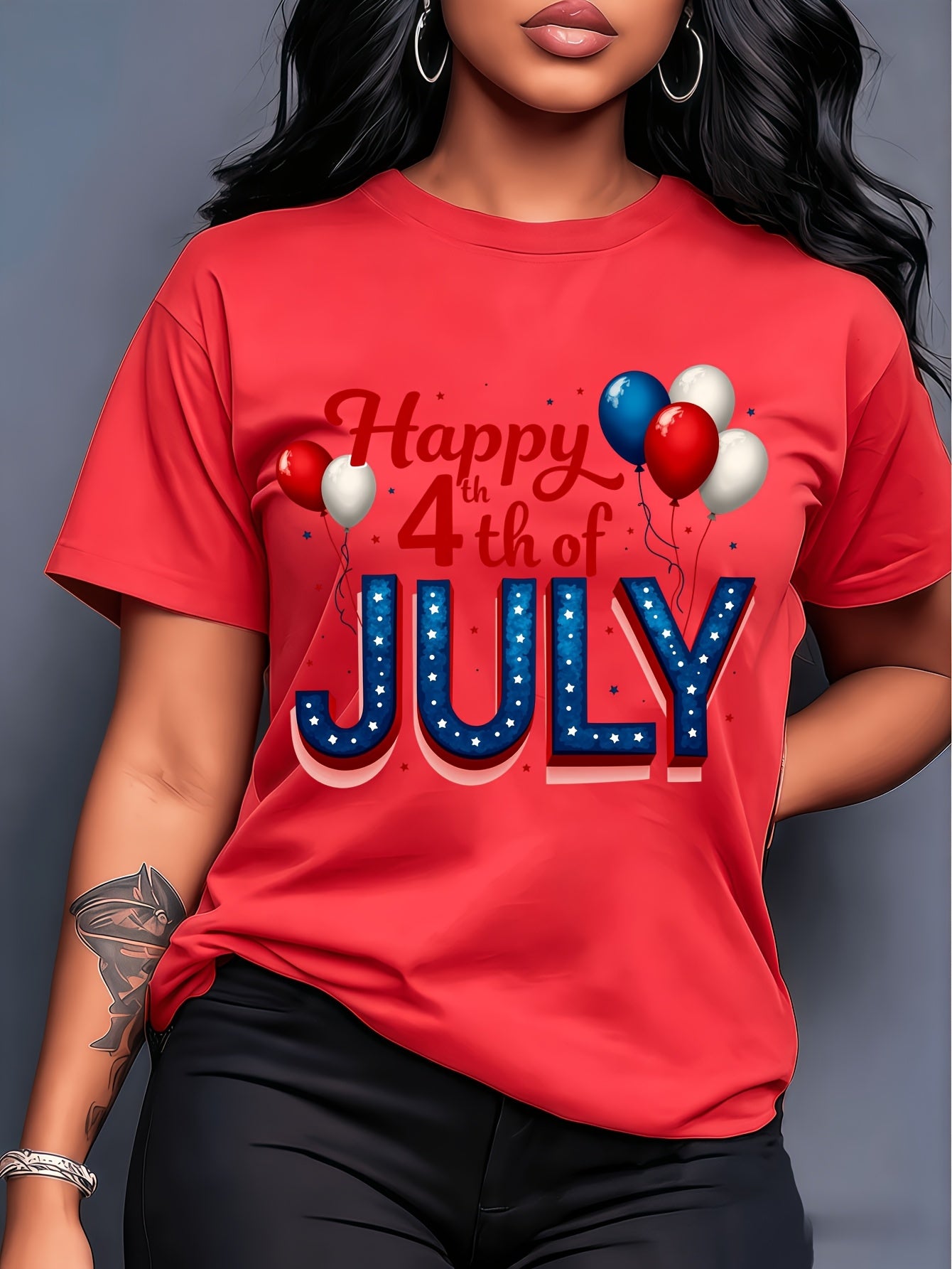 Plus Size - Plus Size - Plus Size - American Retro Style Happy 4Th of July Balloon Print Short-Sleeve T-Shirt, Fresh And Stylish, for Women, Spring And Summer, Casual And Versatile, Comfortable And Breathable, Machine Washable, Perfect for Home