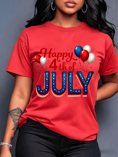 Plus Size - Plus Size - Plus Size - American Retro Style Happy 4Th of July Balloon Print Short-Sleeve T-Shirt, Fresh And Stylish, for Women, Spring And Summer, Casual And Versatile, Comfortable And Breathable, Machine Washable, Perfect for Home