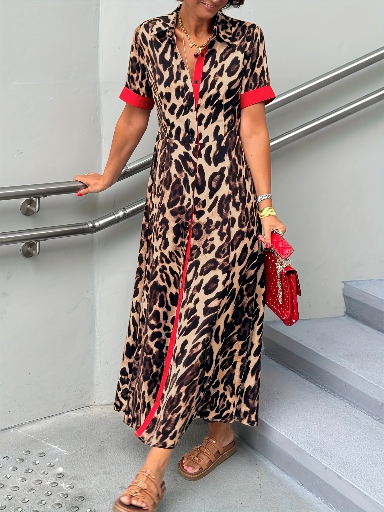 Women's Red Polyester Printed Short-Sleeve Dress - product view 4