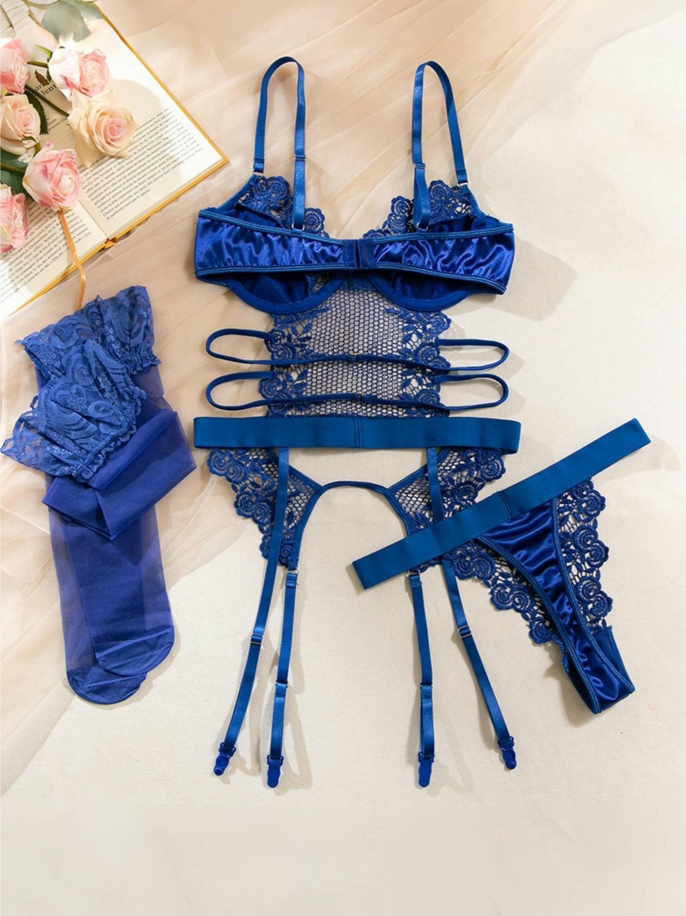 3pcs Sexy Semi-Sheer Lace Mesh Satin Lingerie Set with Garter Belt for Women, Contrast Lace Garter Bustier Bodysuit, Adjustable Strap Babydoll Corset with Stockings, Halloween Roleplay Costume, Hot Outfit Party Clothing Seductive Intimate Apparel Underwea