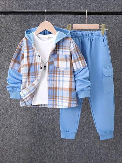 2pcs, Autumn And Winter New Boys' Long-Sleeve Plaid Cardigan Suit Boys' Puff Hooded Jacket Boys' Fashion Work Pants, for Outdoor