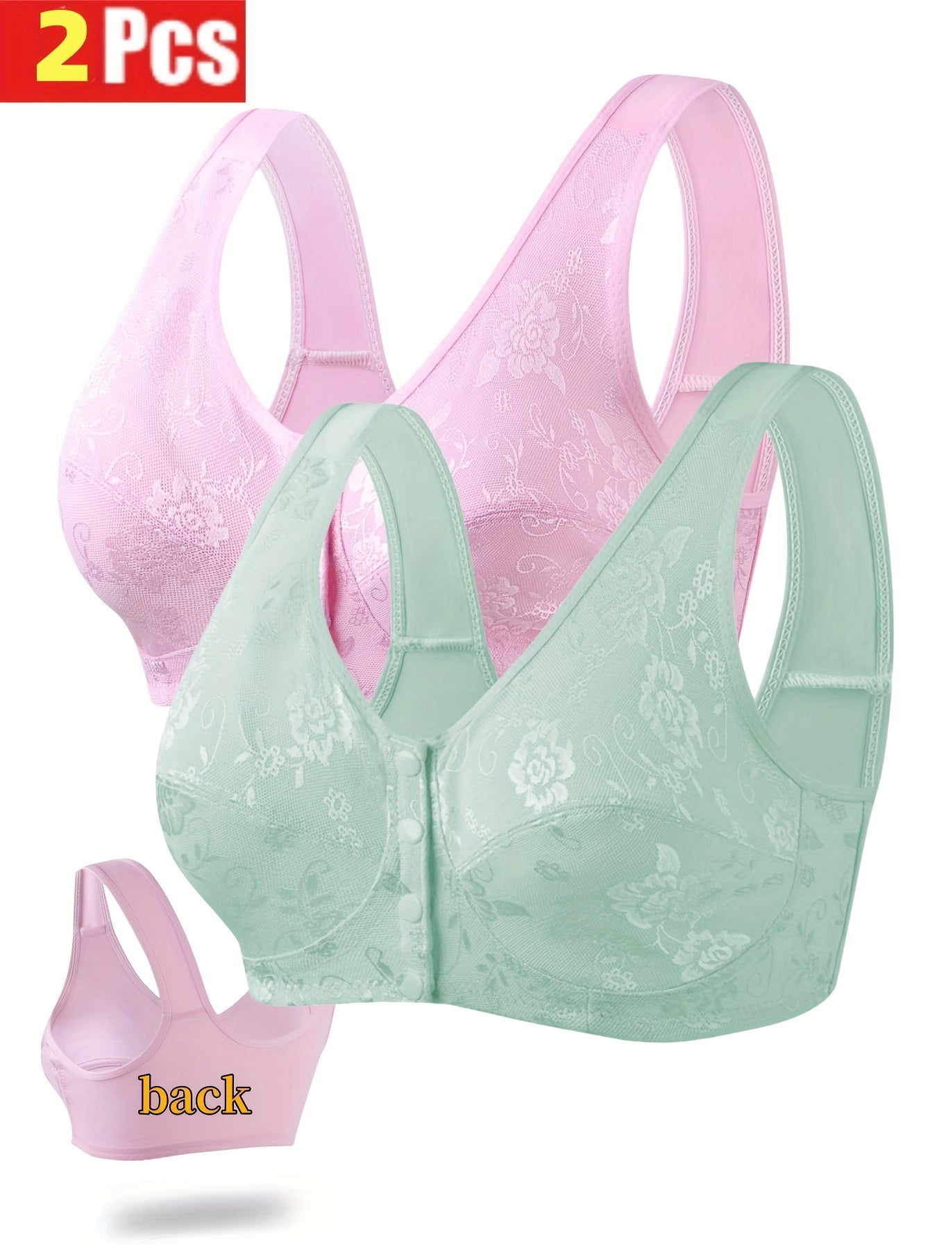 2-Pack Valentine'S Day Special Women'S Sexy Floral Lace Front Closure Bras - No Padding Thin Support Wire-Free Comfort Bras for Casual Attire, Black & Pink, Hand Wash Solely