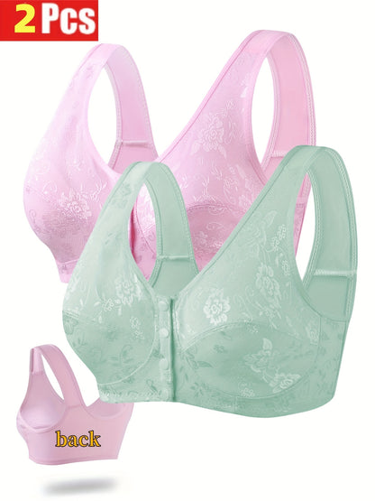2-Pack Valentine'S Day Special Women'S Sexy Floral Lace Front Closure Bras - No Padding Thin Support Wire-Free Comfort Bras for Casual Attire, Black & Pink, Hand Wash Solely