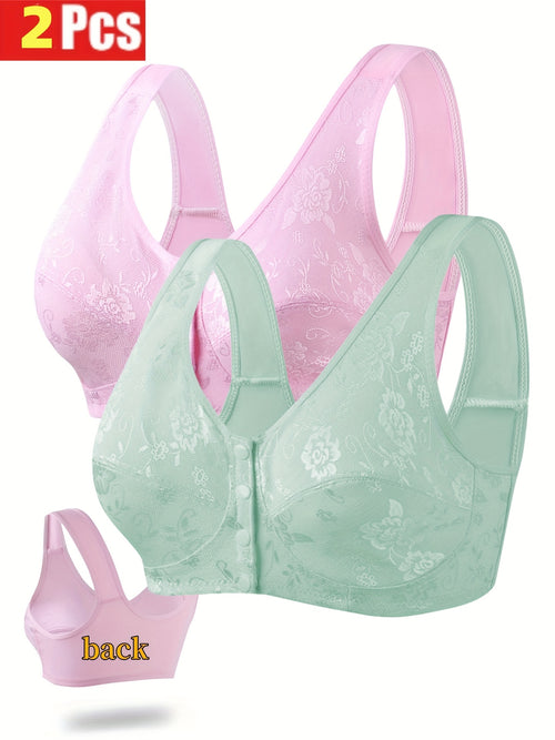 2-Pack Valentine'S Day Special Women'S Sexy Floral Lace Front Closure Bras - No Padding Thin Support Wire-Free Comfort Bras for Casual Attire, Black & Pink, Hand Wash Solely