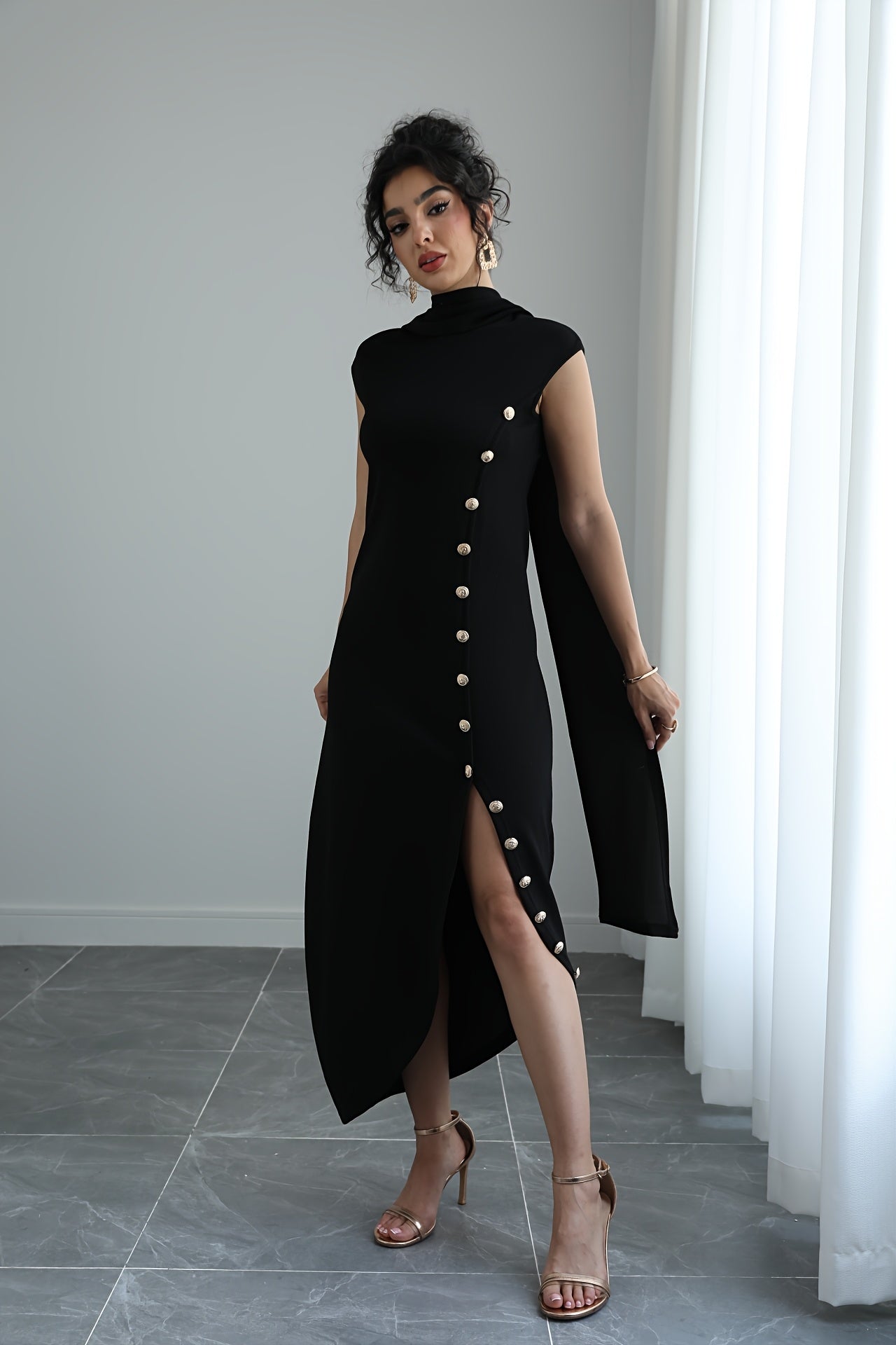 Women'S Elegant High Neck Sleeveless Maxi Dress with Shawl Collar & Split Hem - Solid Color A-Line Silhouette, Floor-Length to Mid-Calf Length Adjustable Maxi Dress for Spring Summer Fall, Casual to Formal Events, Wrinkle-Resistant Fabric (No Lining) - Ve