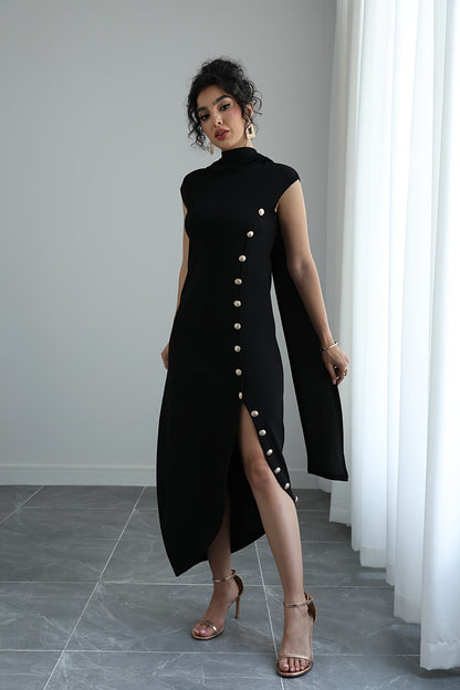 Women'S Elegant High Neck Sleeveless Maxi Dress with Shawl Collar & Split Hem - Solid Color A-Line Silhouette, Floor-Length to Mid-Calf Length Adjustable Maxi Dress for Spring Summer Fall, Casual to Formal Events, Wrinkle-Resistant Fabric (No Lining) - Ve