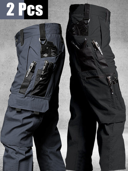 2 Pairs of Men's Tactical Cargo Pants, Outdoor Construction Hiking Multi-pocket Durable Casual Tactical Trousers | Adjustable Waistband | Hiking and Mountaineering Gear (waistband Not Included)