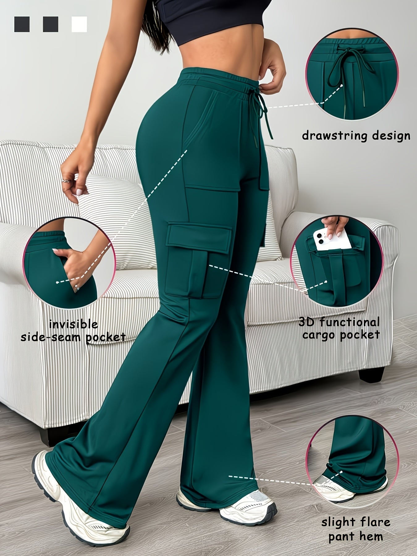Women'S Functional Flare Cargo Pants, High Waist Elastic Drawstring Bootcut Leggings With Multi-Pockets, Stretchy All-Purpose & Casual Pants