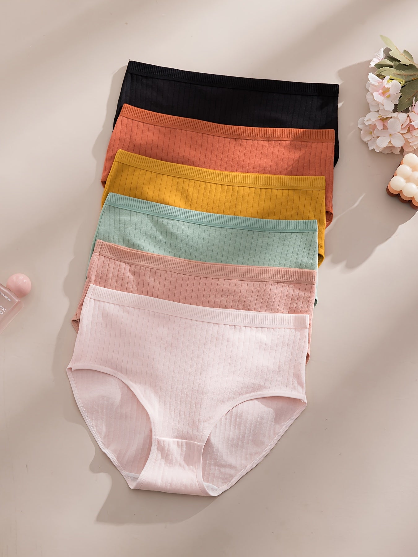 6pcs, Ribbed Underwear, Random Color, Women's Comfortable Breathable Triangle Panties, Soft And Simple Mid-Waist Thong, Maternity Clothes Women