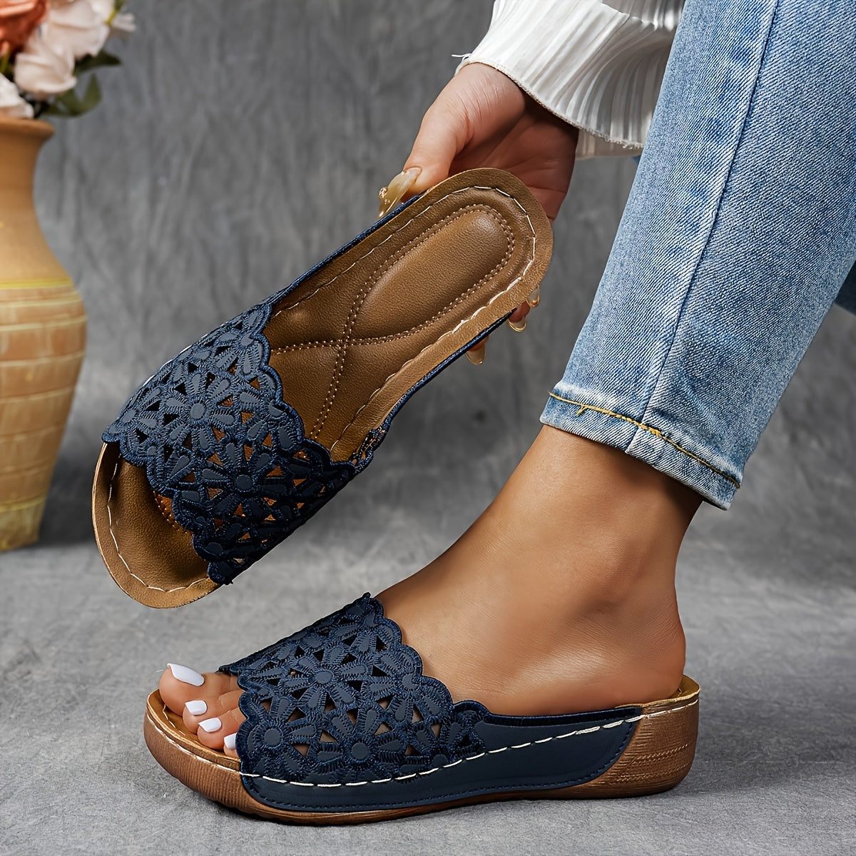 [Floral Wedge Sandals] Women's Floral Wedge Sandals - Comfortable Slip-on Open-toe Summer Shoes with Arch Support, Casual Design, Suitable for Casual | Look| Comfortable And Stylish, Convenient for Going Out, Perfect Gift Choice, Women Shoes