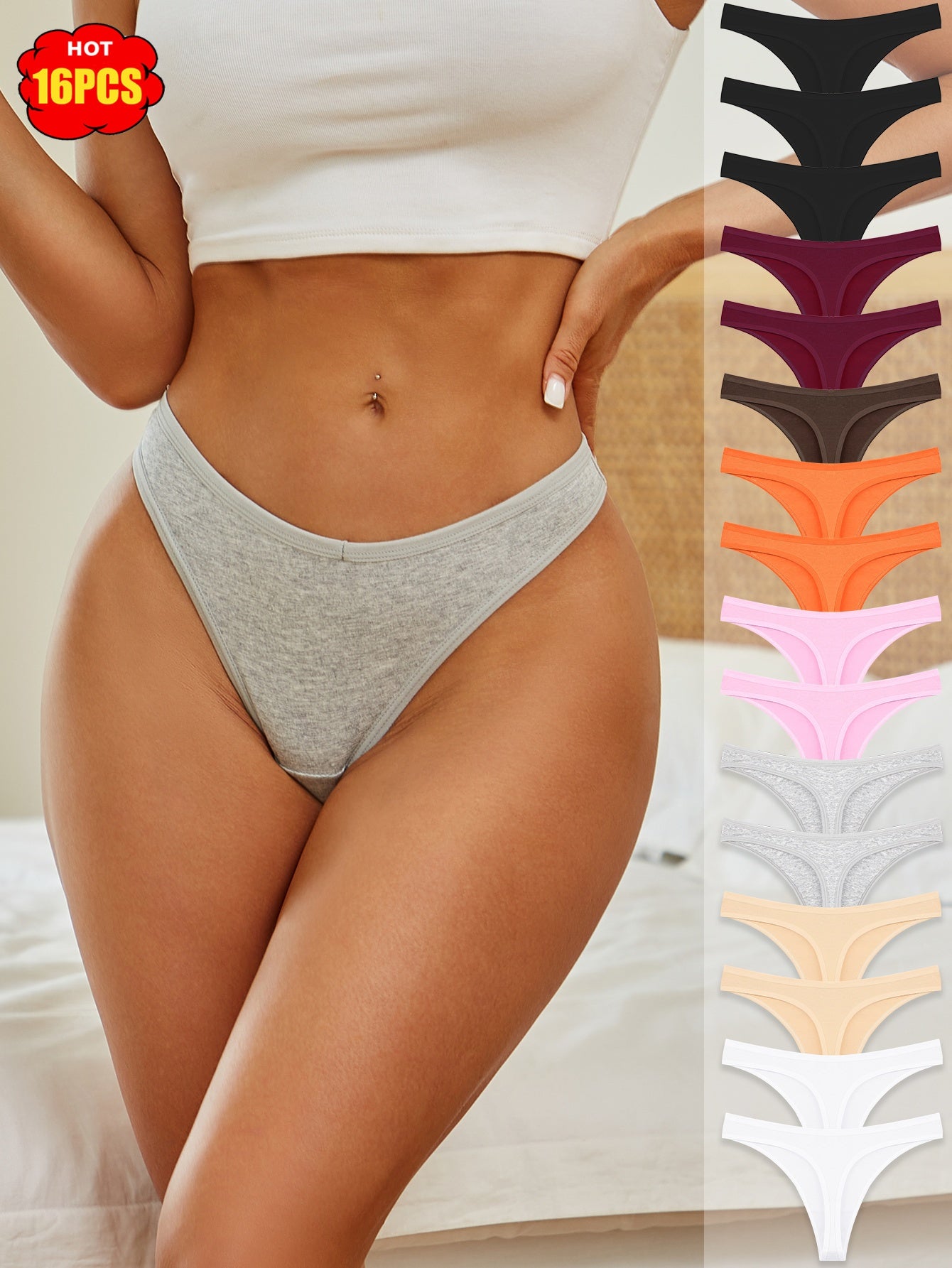 16pcs Set Of Solid Color Thongs, Comfortable, Elegant, Skin Friendly, Soft And Breathable Underwear, Suitable For Daily Commuting, Women'S Underwear And Underwear