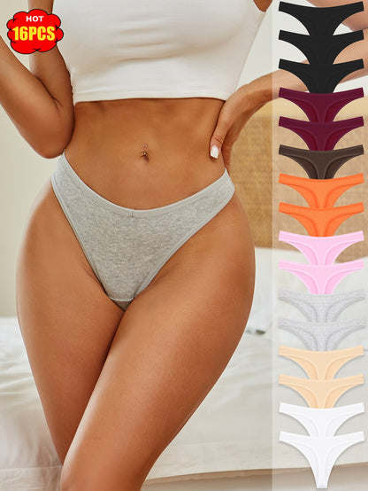 16pcs Set Of Solid Color Thongs, Comfortable, Elegant, Skin Friendly, Soft And Breathable Underwear, Suitable For Daily Commuting, Women'S Underwear And Underwear