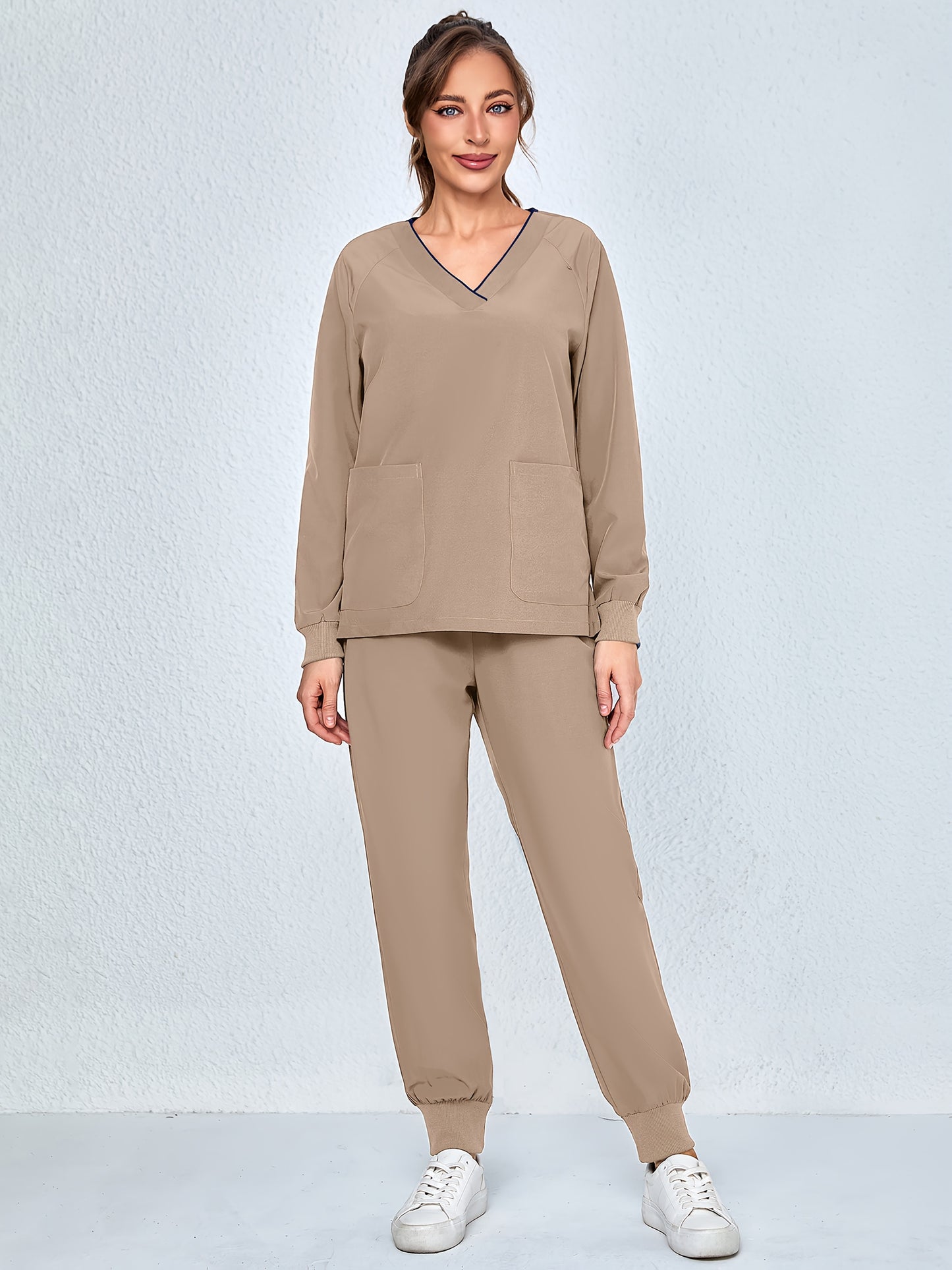 2pcs Women's V-Neck Matte Suit with Long Sleeve Stretch S Uniform Work Clothes Washable Pockets Breathable Elastic Top And Waist Cord Pocket Pants Set