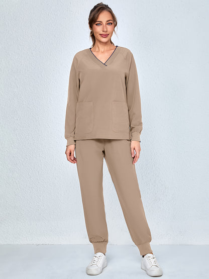 2pcs Women's V-Neck Matte Suit with Long Sleeve Stretch S Uniform Work Clothes Washable Pockets Breathable Elastic Top And Waist Cord Pocket Pants Set