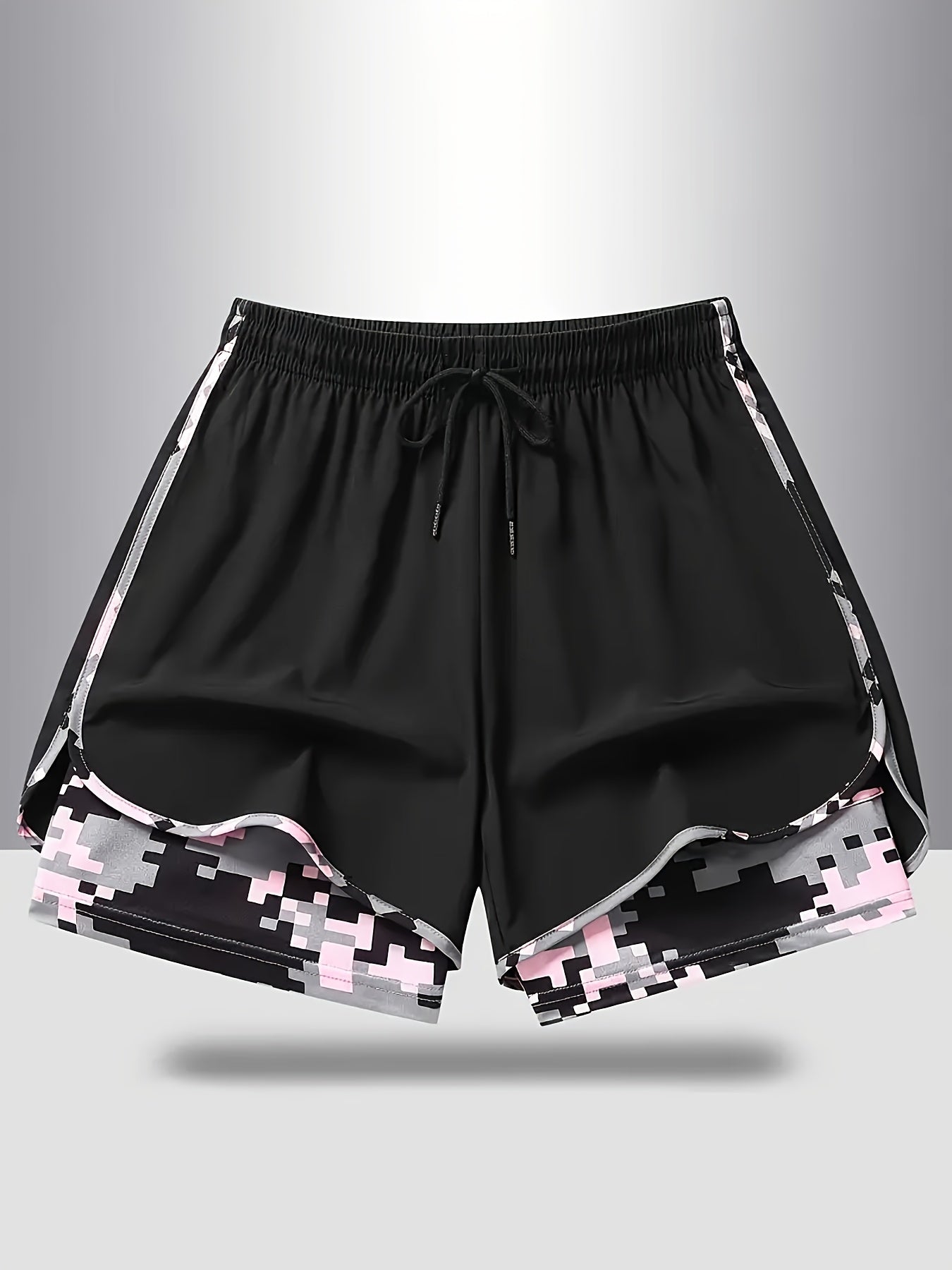 Plus Size - 3pcs - Plus Size Women'S Shorts, Double-layer Fake Two Piece Camouflage Pattern, Breathable Quick Drying Pants, Women'S Shorts With Adjustable Drawstring Waist - Lightweight Fitness, Side Design, Non See Through Casual Wear