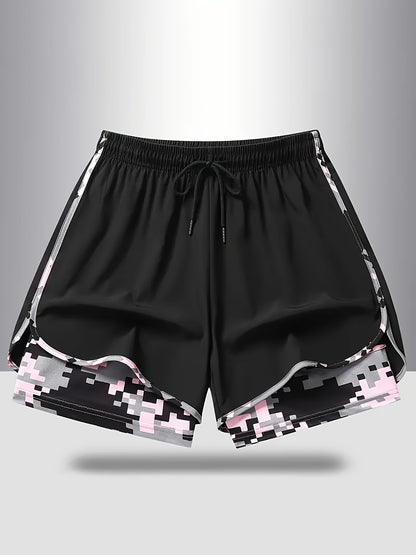 Plus Size - 3pcs - Plus Size Women'S Shorts, Double-layer Fake Two Piece Camouflage Pattern, Breathable Quick Drying Pants, Women'S Shorts With Adjustable Drawstring Waist - Lightweight Fitness, Side Design, Non See Through Casual Wear