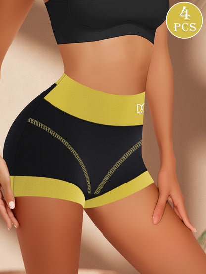 Set of 4 High Waist Women'S Boxer Briefs with Full Coverage And Contrast Colors, Comfortable And Breathable Spliced Design - The Top Choice for Women