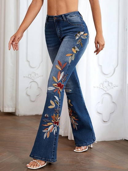 [Women's Flared Jeans] HME] Heavy Industry Washed Classic Denim Blue, Elastic And Flared Women's Jeans, Fashionable Flower Embroidery Design, Retro Trend, Versatile And Popular, Women's Denim Slightly Flared Casual Jeans Suitable for All Seasons