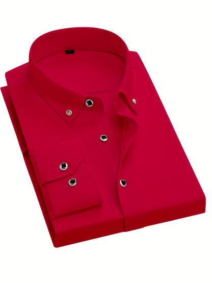 Father'S Day Gift Choice, Men'S Long Sleeve Button Shirt, Crystal Button Design, Solid Color Plain Formal Business Attire, Great As Gift for Party, Wedding, Date Dress Shirt
