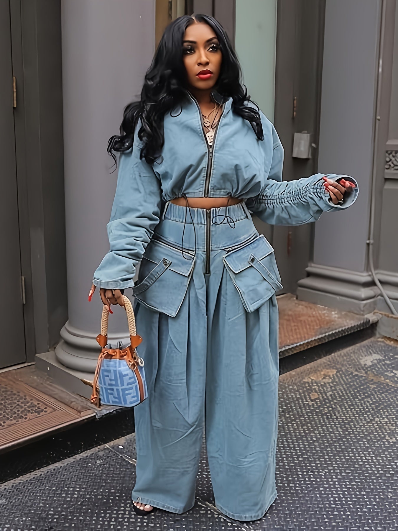 Womens Two Piece Sets Denim Outfit Ruched Long Sleeve Zip Up Cropped Jean Jacket Wide Leg Pants Chic Set